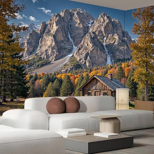 hgjdjhnf Papel pintado fotográfico paisaje otoñal, refugios de montaña, sala de estar, fondo de pantalla de TV, imágenes de póster, marrón anaranjado, 250 cm x 175 cm