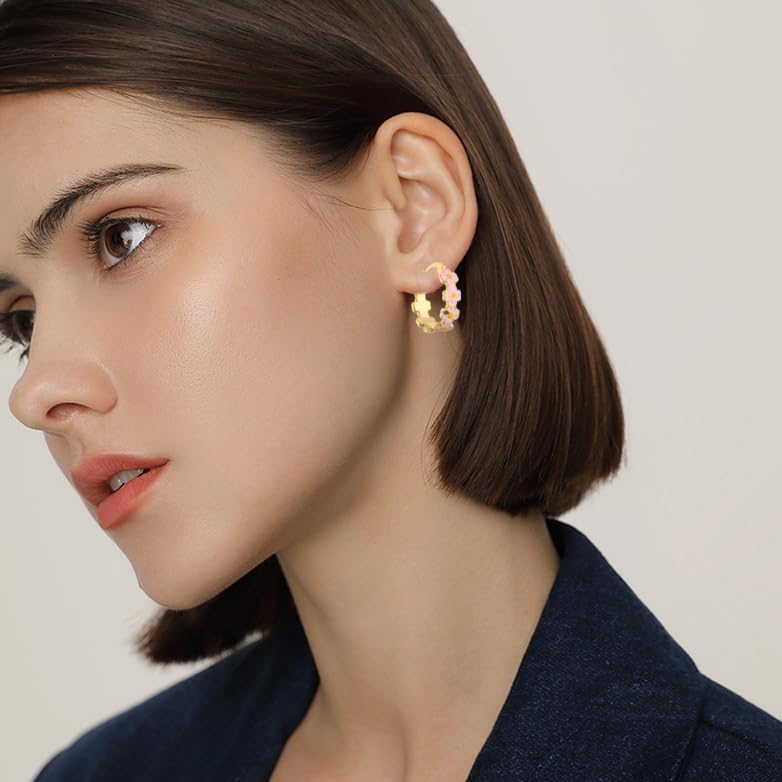 2 Pairs Small Daisy Flower Hoop Earrings for Women Gold-Toned Enamel Floral Cartilage Piercing Snap Back Hoops Earring Fashion Bridal Wedding Holiday Jewelrys - Image 3