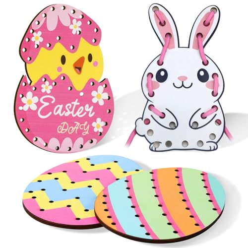 JULEASEL Montessori Wooden Lacing Cards, Easter Bunny Lacing Card, Fine Skill, Easter Basket Stuffer Craft Activity