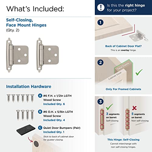 Image of Amerock 1 Pair Variable Overlay Satin Nickel Self-Closing Cabinet Hinge