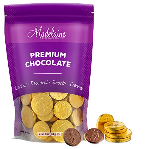 Madelaine Chocolates Highly Detailed, Solid Premium Milk Chocolate Gold Coins, Wrapped In Italian Foil - 1 LB Assorted Size Coins