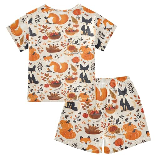 ALAZA Fox Autumn Leaf Pumpkin Pajamas Set Short Sleeve Cotton Sleepwear Summer Pjs 2 Piece 5-14Y2