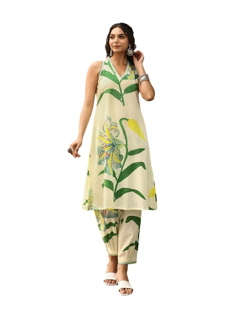 amazon brand - anarva Women's Pure Cotton Sleeveless Hand Block Printed Kurta with Pant-picture-10