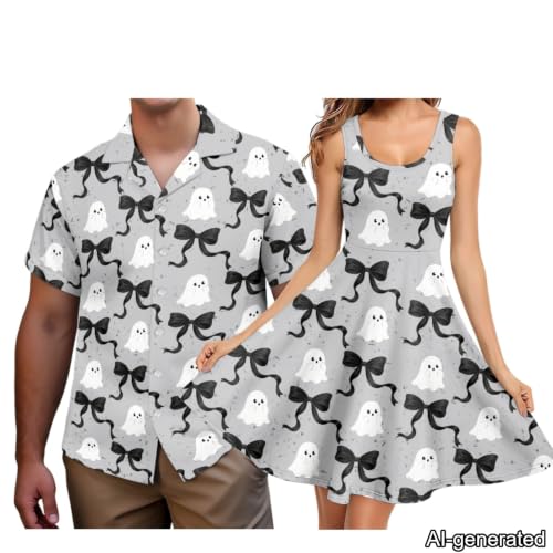 Image of Dreaweet Summer Dresses for Women A-Line Sleeveless Flowy Sun Dresses,Men's Casual Button-Down Shirts,Couple Matching Outfits