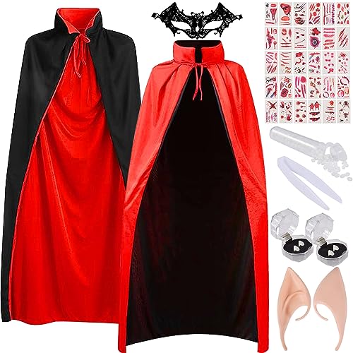 Capa de vampiro de Halloween, com 30 tatuagens, 4 dentes de vampiro, 2 orelhas de elfo, 1 máscara de olho de morcego, para festas de Halloween para decorar personagens infantis e adultos