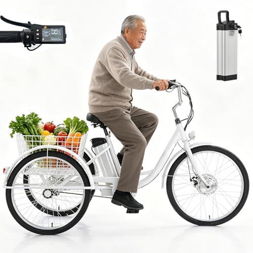 Triciclo eléctrico para Adultos de 24' con neumáticos Anchos, batería extraíble de 36 V y 12 Ah (autonomía de 35 km), Capacidad de Carga de 150 kg, Pantalla LCD + Cesta para Compras y Ocio,