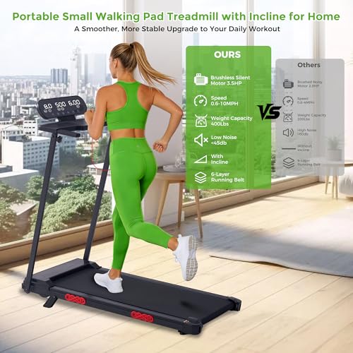 Image of Walking Pad Treadmill with Handle Bar, 3.0HP Portable Electric Treadmills for Home Exercising, 0.6-7.6MPH Mini Walking Pad Treadmill with Incline, Small Under Desk Treadmills for Home Small, 350LBS