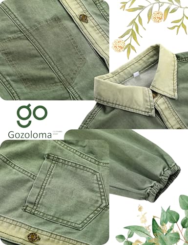 Gozoloma Women's Denim Dress Long Balloon Sleeves Button Down A Line Swing Ruffle Jean Mini Babydoll Dress with Chest Pocket(Green-L)3