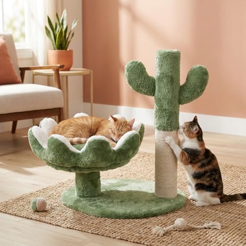 Image of FURRLOVERS Cactus Cat Tree with Scratching Post, Green, 20 Inch Height, Plush Bed, Rope, 16x19 Inch Base (003-CACTUS) (Green)