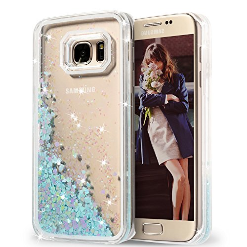Wuloo Mo-S7Edge-Love-Blu Samsung Galaxy S7 Edge Hard Case Fashion Creative Design Flowing Liquid Floating Luxury Bling Glitter Sparkle Love Heart Hard Case for Girls Children, Blue