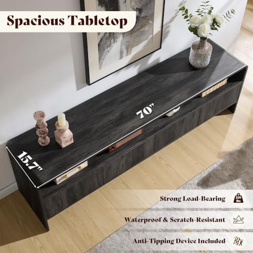 Image of AMERLIFE 70 inch Modern TV Stand for TVs Up to 80 inch, Wood TV Console with Curved Profile Design & 2 Storage Cabinets, Media Console Entertainment Center for Living Room, Black