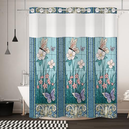 Yanutan No Hook Shower Curtain,Blue Butterfly Garden Double-Layered Shower Curtain with Snap-in Liner and Weights,Fabric Bath Curtain with See Through Mesh, 71x74in