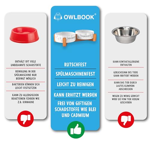 OWLBOOK Wunschtext Pfoten Futternapf personalisiert Hundenapf mit Namen oder Wunschtext Doppelnapf aus Keramik mit Bambus Gestell Futternapf Napf Wassernapf Keramik, Bambus 300 ml
