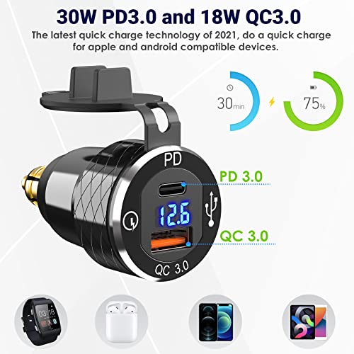 USB C 30W PD3.0 Fast Charger Din to USB, Hella Plug USB Adapter, 18W QC3.0 Power Outlet, Aluminum Voltmeter for 12V-24V Ducati Triumph BMW Motorcycle and More European Style Motorcycles - Image 4