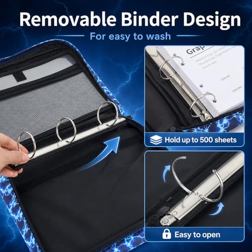 Heentan Zipper Binder Folder Keeper with Strap 2 Inch 3 Ring Multi-Pocket Zipper Bag for 13" Laptop 5-tab Expanding File Folder for Women Men Office Middle High School(Blue,Lightning) by Heentan - Image 5