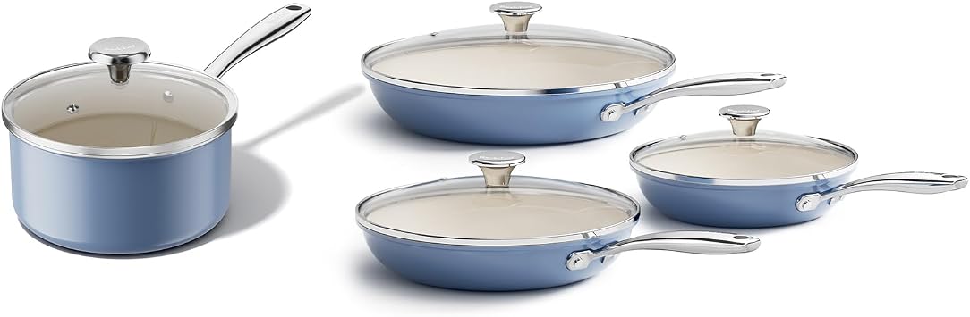 Redchef Nonstick Ceramic Sauce Pan with Lid 2.5QT, Ceramic Frying Pan Set with Tempered Glass Lids8", 9.5", 11", Dishwasher & Oven Safe, Induction Safe, Compatible with All Cooktops, Blue