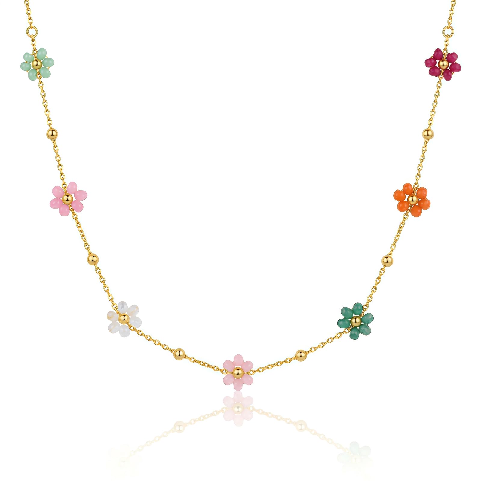 Harlermoon 18K Gold Plated Flower Necklace for Women, Waterproof Stainless Steel Beaded Station Chain with Natural Crystal Floral Charms, Dainty Summer Jewelry Gift, 15.7"+2" (Style 1)