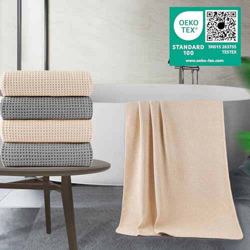 Image of POLYTE 430 GSM Microfiber Oversize Quick Dry Lint Free Bath Towel, 60 x 30 in, 4 Pack (Waffle Weave)
