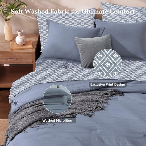 Image of Monbix Full Size Comforter Sets-7 Pieces Soft Bed in a Bag Full Bedding Set | All Season Oxford Blue Prewashed Comforter Bed Set with Striped Sheets, Pillowcases & Shams