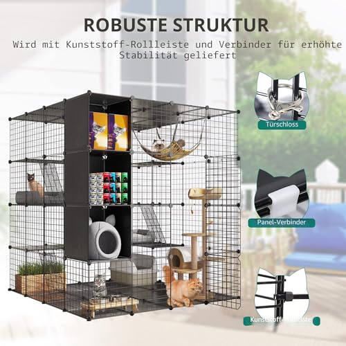 YITAHOME Großer Katzenkäfig mit Aufbewahrungswürfel DIY Indoor Katzengehege Metall-Katzenlaufstall mit großer Hängematte für 1–4 Katzen, 4-stöckige Katzenhütte für Katzen, Schwarz 140 x 140 x 140 cm