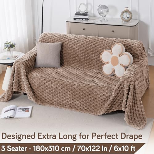 Image of HOKIPO Luxury Premium Rabbit Wool Plush Sofa Throw, Fluffy Sofa Cover for 3 Seater Sofa, 180(D) x 310(L) cm, 'BunnySoft Series' Canvas Brown (AR-5075-BRN)