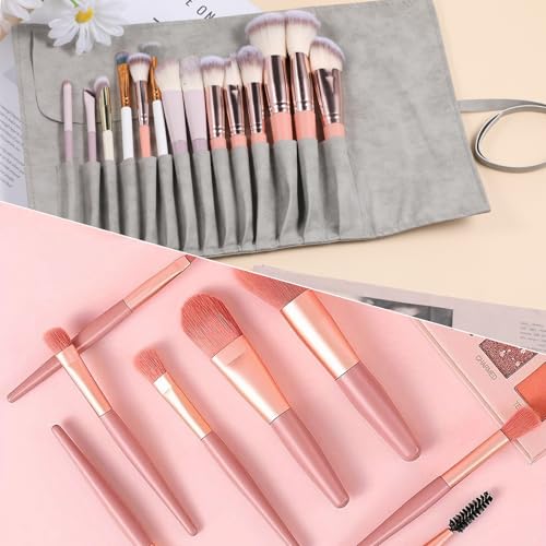 Aufrollen Make up Pinsel Tasche, PU Leder 14 Fächer Pinsel Aufbewahrung Tragbare Reise Make-up-Pinseltasche für Damen Kosmetikpinsel Aufbewahrung (Grau, Pinsel Nicht Enthalten)