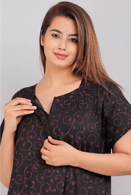 Image of NILOUFO Women's Cotton Printed Maxi Nighty - Pack of 2 | Soft Ankle-Length Sleepwear Gowns for Women | Free Size Night Dresses (Blue,BluePink, Free Size)