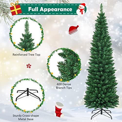 COSTWAY-6FT-Pencil-Christmas-Tree-Slim-Skinny-Hinged-Pine-Tree-with-PVC-Material-400-Branch-Tips-Solid-Metal-Legs-Unlit-Artificial-Xmas-Tree-for-Home-Holiday-Hotels-Outdoor-Decoration-Green COSTWAY 6FT Pencil Christmas Tree Slim Skinny Hinged Pine Tree with PVC Material 400 Branch Tips Solid Metal Legs Unlit Artificial Xmas Tree for Home Holiday Hotels Outdoor Decoration Green