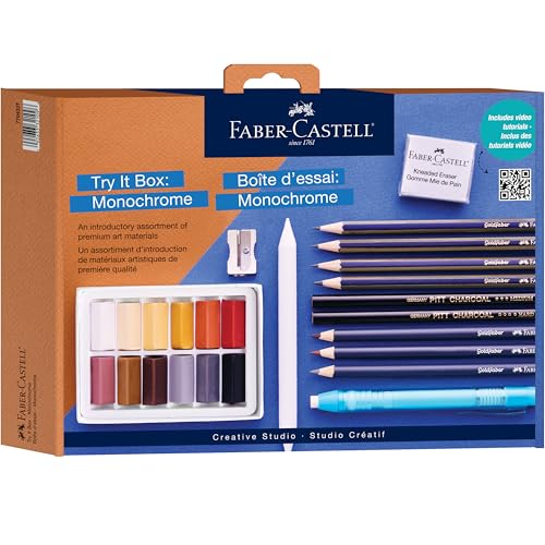 Faber-Castell Caixa Try It: Kit de arte de desenho monocromático, 27 peças com lápis de cor, grafite e lápis de carvão, materiais de arte profissional para adultos, adolescentes e iniciantes
