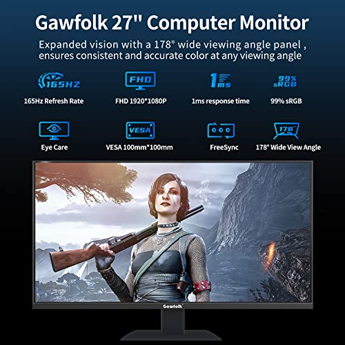 Gawfolk 27 Inch Gaming Monitor 144Hz/ 165Hz, Full Hd 1080P Computer Monitors For Home Office, 1Ms Gtg With Freesync, Low Motion Blur, Srgb 99%, Vesa, Tilt Adjustable, Eye Care #TOP1