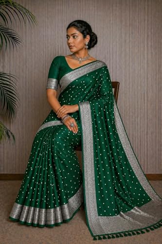 Image of Women's Glory Kanjivaram Banarasi Silk Saree with Polka Dot Embroidery Blend Woven Zari with Jacquard Woven Unstitched Blouse Piece.