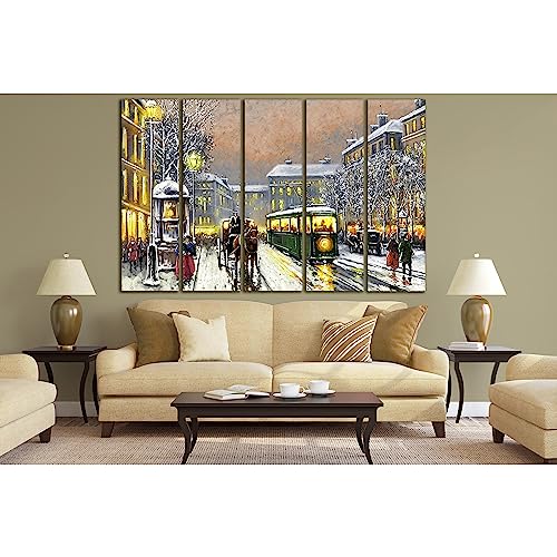 Peintures à l'huile Vieux tramway №SL591 tableau impression sur toile 5 panneaux 90x60cm