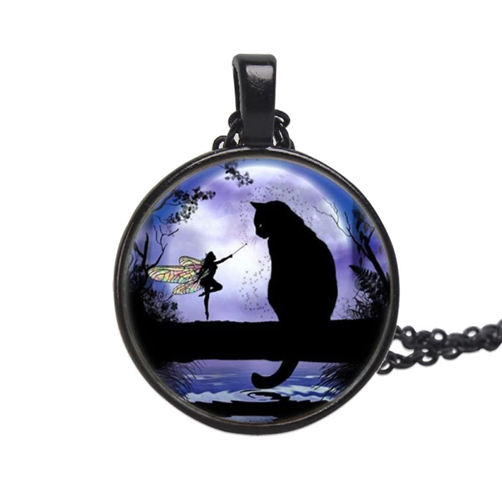 YAZILIND"Cat in the moonlight Shape Gemstone Pendant Necklace Women Girls Jewelry(Black)