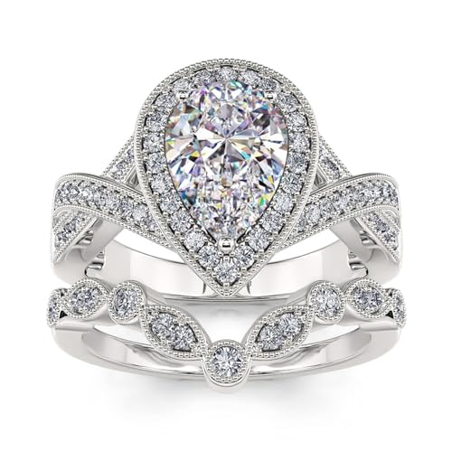 Jeulia 1.2ct Gemstone Engagement Ring Set for Women, Halo 2PCS Pear Cut Sterling Silver Rose Gold Wedding Band Ring Morganite Vintage Promise Bridal Jewelry with Gift Box