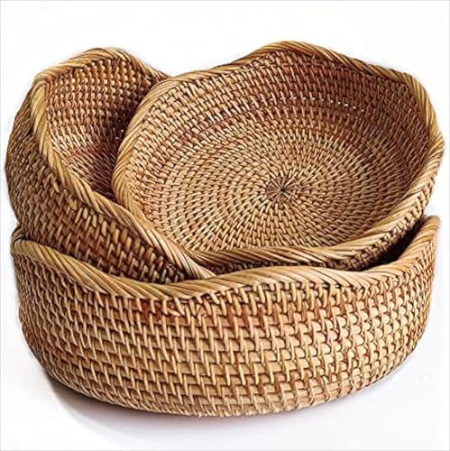 Panier de Rangement Rond en Rotin, Corbeille de Fruits en Osier, Organisateur Tressé Naturel pour Cuisine/Salle à Manger (Vague)