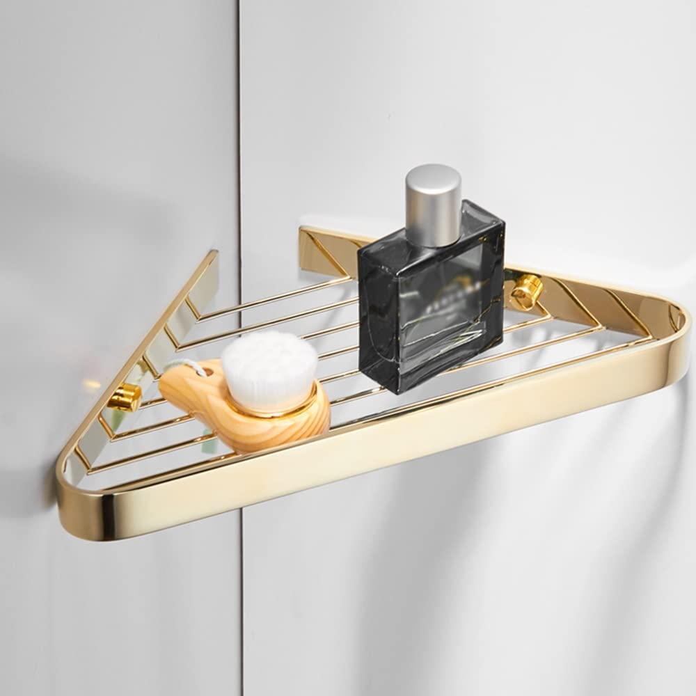 Estante esquinero de ducha de cobre sólido color dorado montado en la pared, jabonera resistente al óxido, cesta de drenaje de champú, organizador de cocina, triángulo, 1 capa