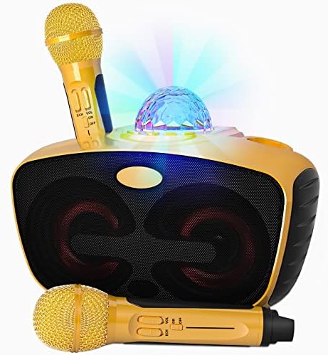 Bluetooth Karaoke Machine with 2 Wireless Microphones,SINWE Portable PA Speaker System with Disco Ball and Party Lights, for Adults and Kids,Wedding, Church, Picnic, Outdoor/Indoor [Gold]