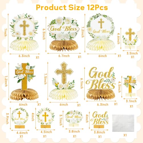 Image of ANGOLIO White Gold Floral Honeycomb Centerpieces - 12Pcs Cross Rose Greenery God Bless Baptism Party Decoration Baby Shower First Communion Birthday Party Supplies for Boy Girl 3D Wedding Table Topper