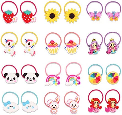 YASUNMI 24pcs (12 pairs) Girls Elastic Hair Ties, Baby Girls Cute Cartoon Hair Ties, Elastic Soft Rubber Bands Hair Bands Ponytail Holders Hair Accessories for Girls, Toddlers, Kids, Teens, Children