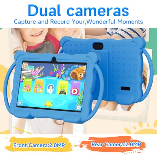 Image of Kids Tablet 7 inch Android 14.0 for Toddler, 4GB RAM 32GB ROM Bluetooth IPS Screen Google Play YouTube Parental Control Dual Camera Shockproof Case for Educational Games (Blue)