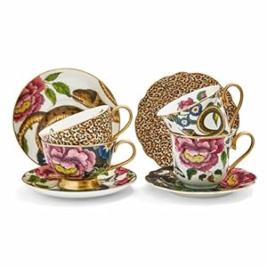 Spode Creatures of Curiosity Collection Teacup and Saucer Set, Made of Fine China, Teacup and Saucer Gift Set for Coffee & Espresso, Gold Trim Detail, Hand Wash, Set of 4