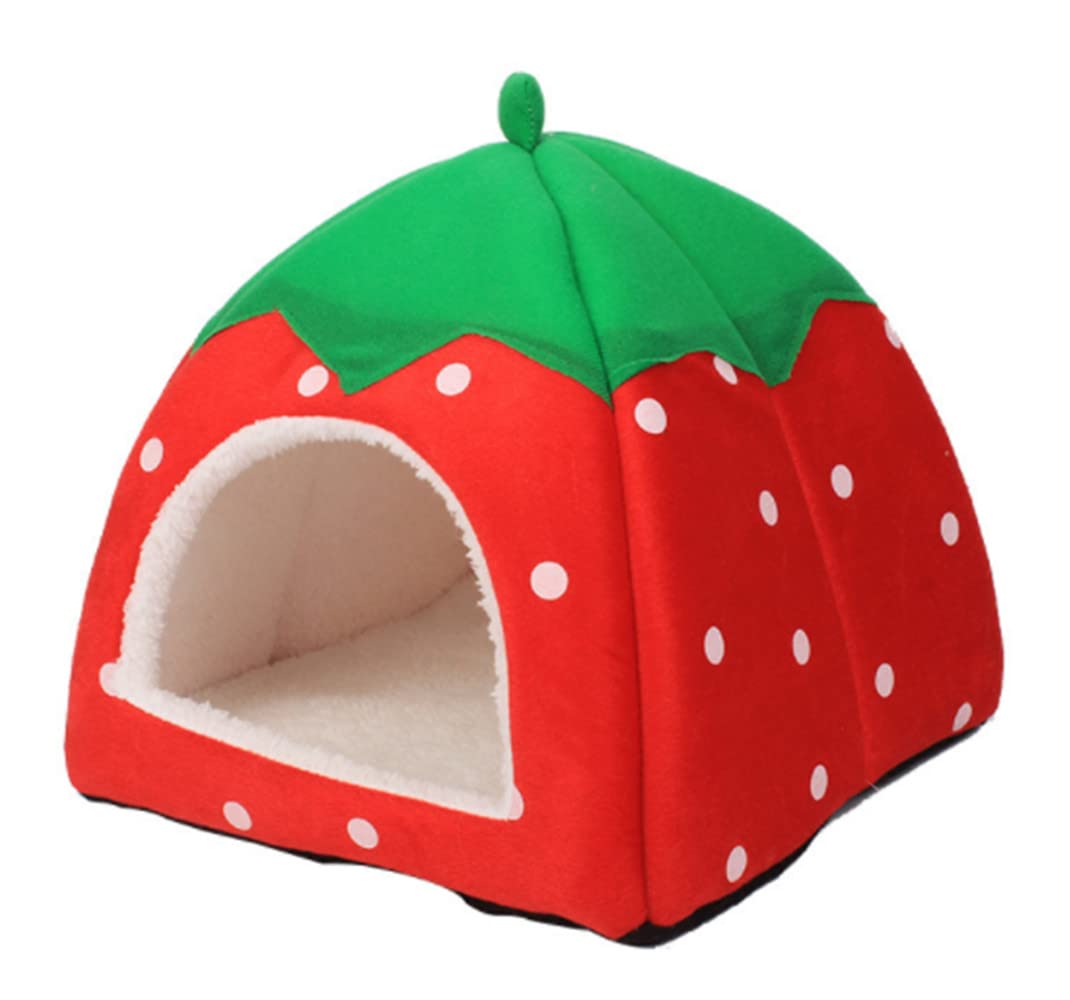 KOMUNJ Caseta de Invierno para Animales pequeños, Cama cálida Multifuncional, diseño de Fresa, Saco de Dormir Suave para Mascotas, caseta (S, Fresa roja)