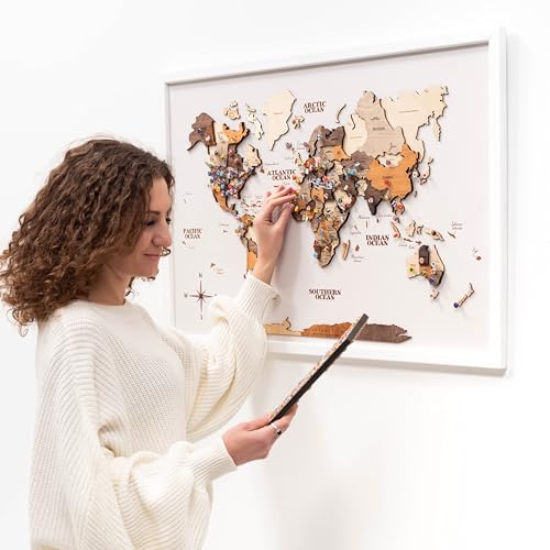 ENJOY THE WOOD Framed World Map Wall Art Wood Travel Decor 3D World Map On Board Wall Rustic Decoration Housewarming Gift (Medium, Board, Multicolor)
