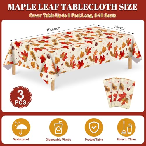 Image of 3Pack Fall Plastic Tablecloths, 54 X 108In Autumn Maple Leaves Tablecloth | Disposable Thanksgiving Table Cloth, Waterproof Table Cover for Autumn Thanksgiving Harvest Picnic Indoor Outdoor Party