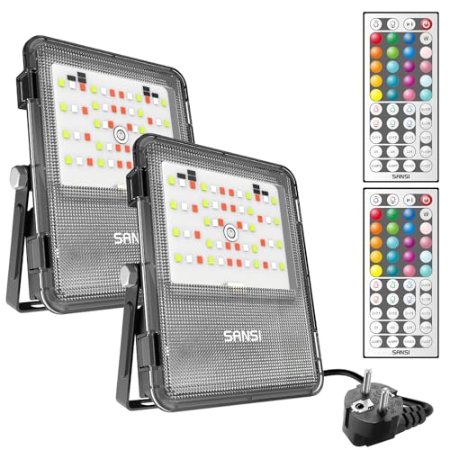 SANSI Foco LED RGB, 10W Proyector LED RGB Exterior IP66 Impermeable con Control Remoto, Temporización, 16 Colores, 6 Modos de Trabajo para Jardín Paisaje Patio Terraza - 2 Unidades