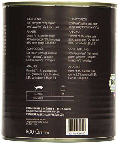 Herrmanns Bio Hundefutter Huhn Menu 2 mit Hirse, Kürbis, Zucchini 800 g, 6er Pack (6 x 800 g)