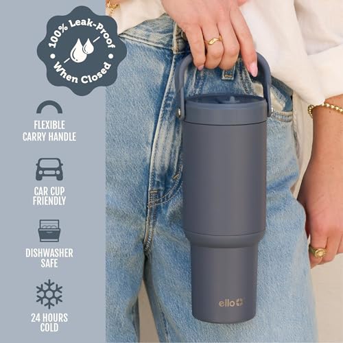 Image of Ello Oasis Go+ 26oz Tumbler with Top Handle and Retracting Straw | Reusable Insulated Stainless Steel Cup, 100% Leakproof Water Bottle, 24 Hours Cold, Cup Holder Friendly For Travel | Horizon