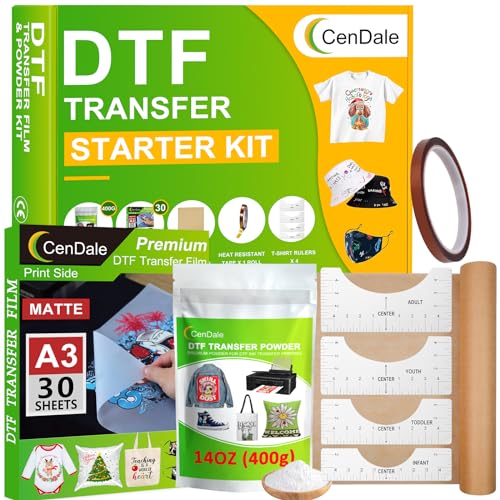CenDale DTF Transfer Film Powder Kit - 30 Sheets A3 Film for Sublimation 14oz White Medium Powder Starter Kit for DTF/Sublimation Printer Hot & Cold Peel Paper for All Color Fabrics