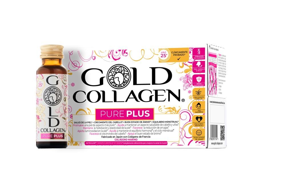 GOLD COLLAGEN Pure Plus - Complemento de Colágeno Marino Hidrolizado, Biotina para el Cabello Piel y Uñas Equilibrio Hormonal e Inmunitario con Vitamina C y Ácido Hialurónico 1 Caja 10 Botellitas 50ml