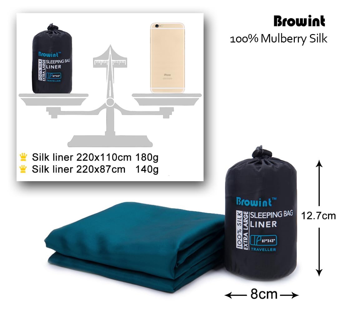 BROWINT Seidenschlafsack Inlett, Hüttenschlafsack aus 100% Naturseide, Extrabreite 220x110cm, 220x87cm, Mumie, Schlafsack Inlett, Inlay, Reiseschlafsack dünn, Leicht, Kompakt, Verstärkte Ecken